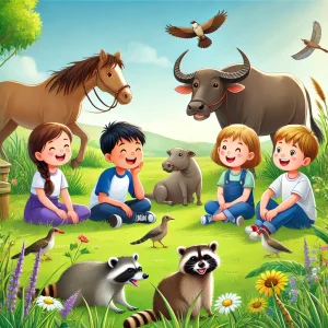 DALL·E 2025-03-19 21.27.39 - A group of children sitting on a meadow surrounded by horses, water buffaloes, and raccoons. The scene is peaceful and natural, with tall grass and wi